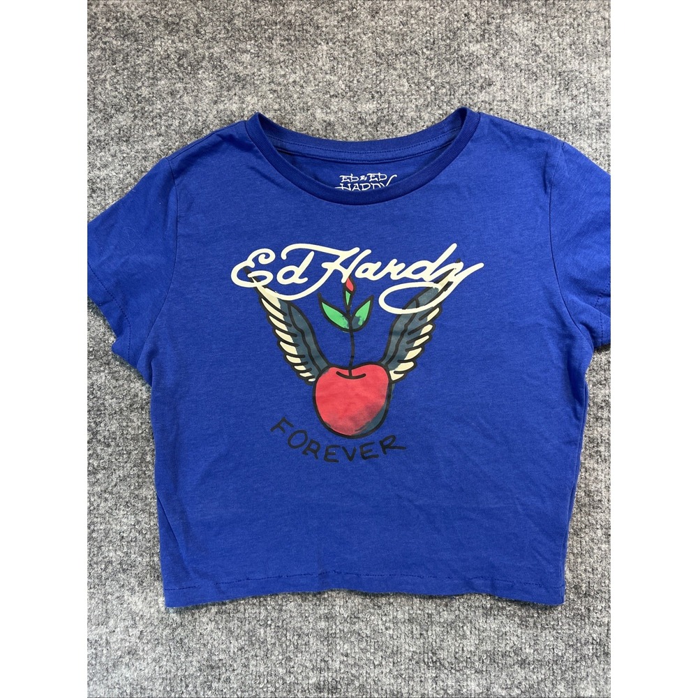 Ed Hardy Blue Cropped Baby Tee - Winged Forever Cherry Graphic - Medium